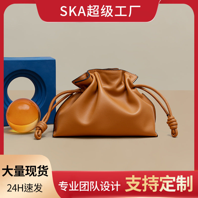 Wholesale Genuine leather small lucky bag one-shoulder crossbody bucket drawstring bag